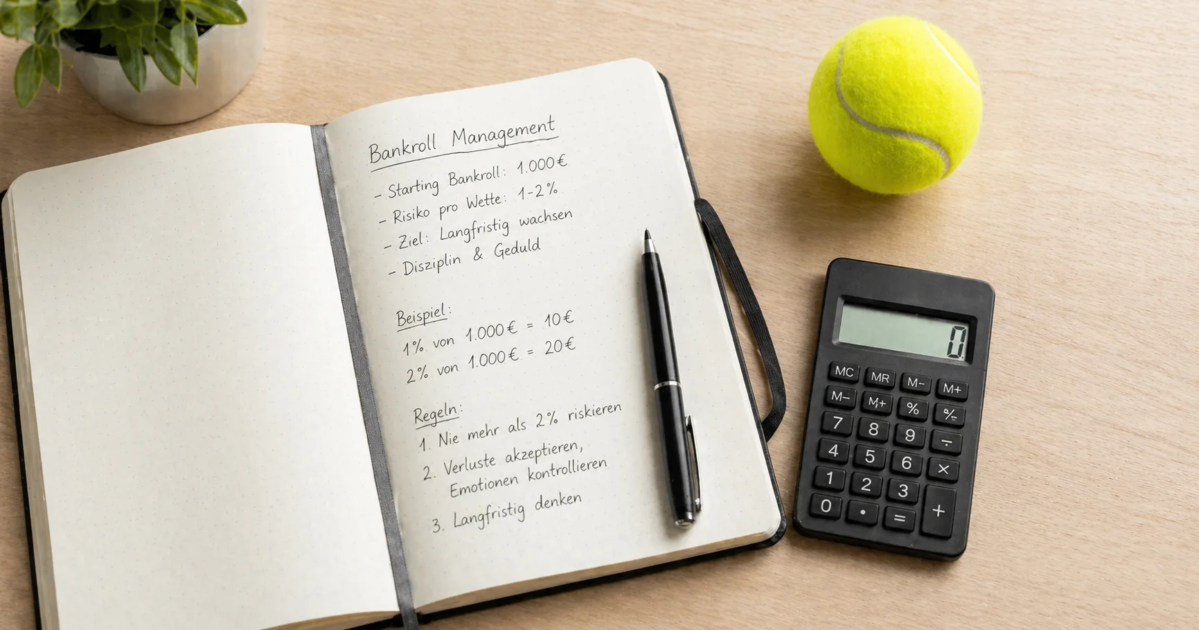 Notizbuch mit Stift und Taschenrechner neben einem Tennisball auf einem Schreibtisch