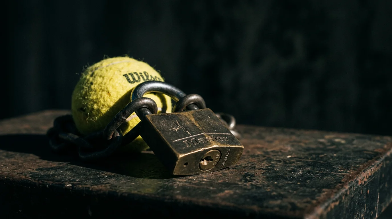 Tennisball hinter einem geschlossenen Vorhängeschloss als Symbol für illegale Sportwetten