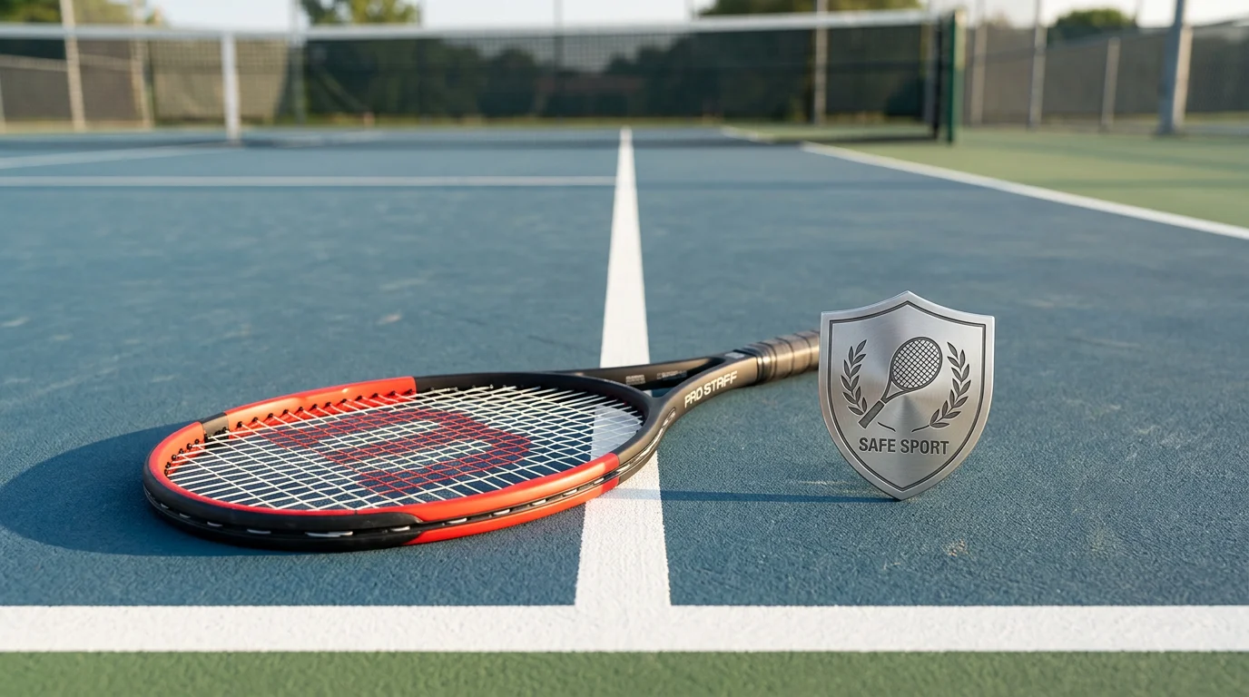 Tennisschläger mit Schutzschild-Symbol als Zeichen für Spielerschutz im Tennis