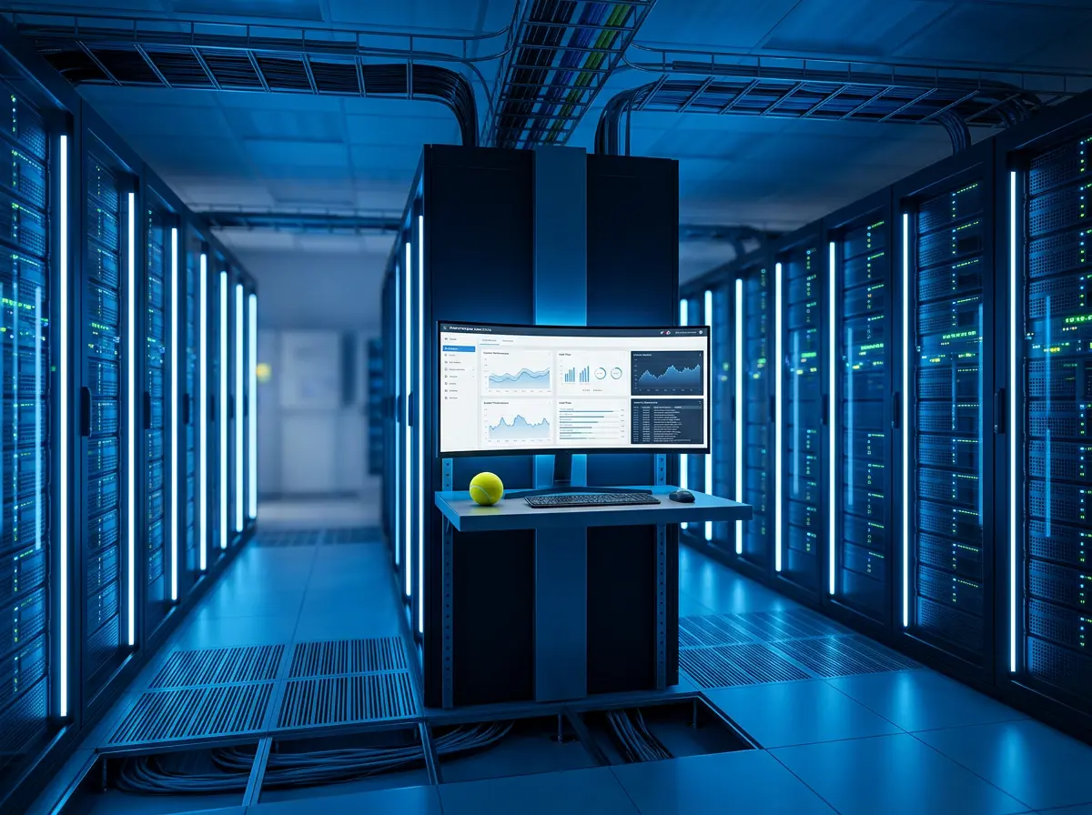 Serverraum mit Bildschirmen und Tennisball als Symbol für Tennis-Daten und KI