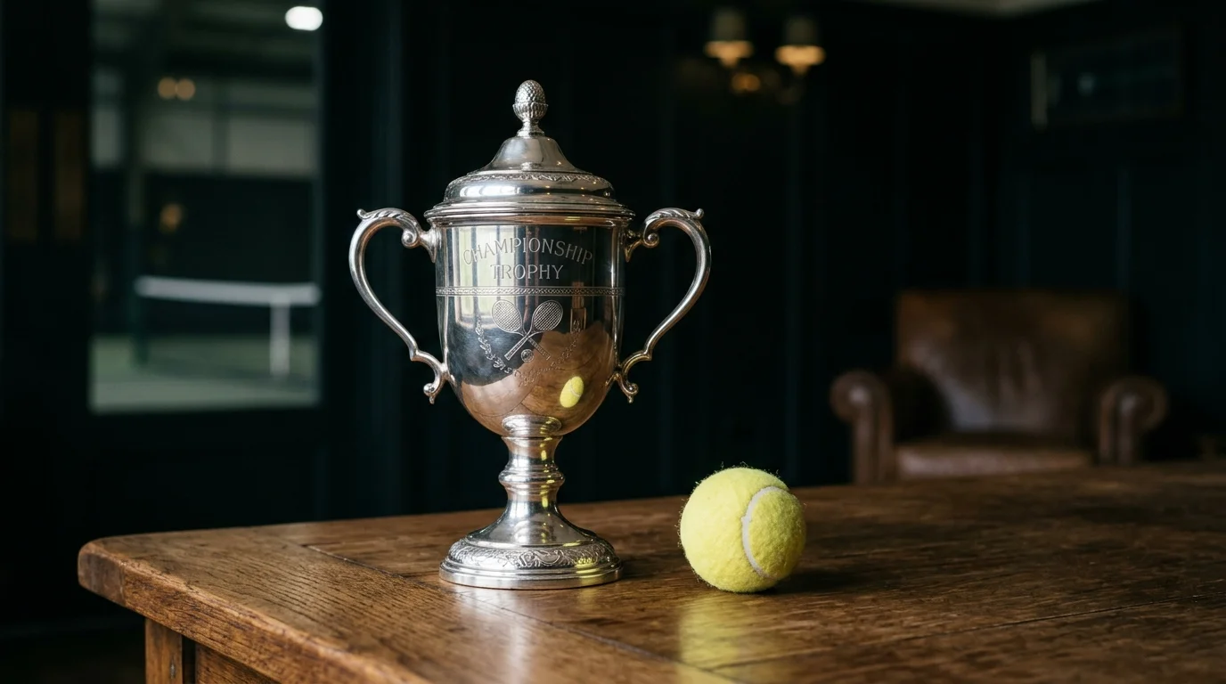 Tennispokal auf einem Tisch neben einem Tennisball als Symbol für Turniersieg-Wetten