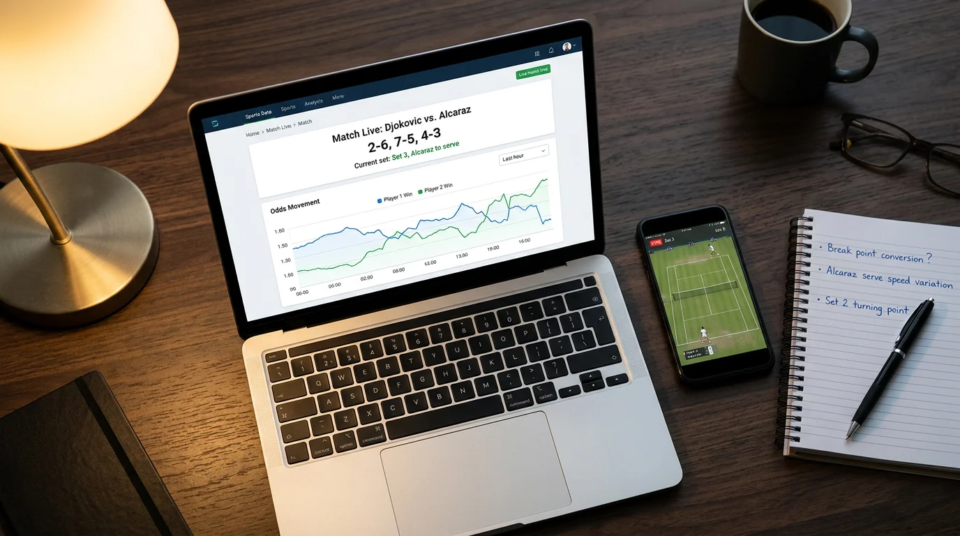 Laptop mit Echtzeit-Quotenbewegungen während eines Tennis-Live-Matches