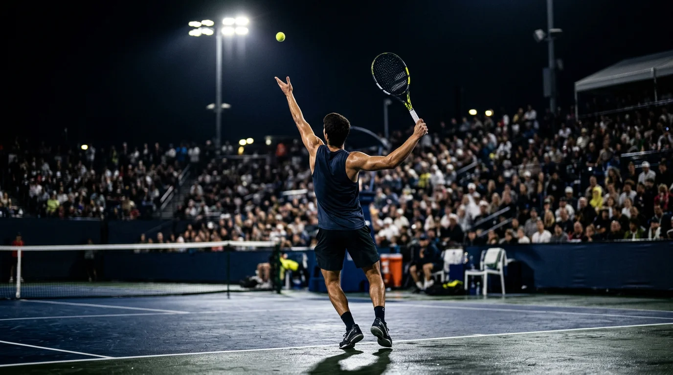 Tennisspieler beim Aufschlag unter Flutlicht auf einem belebten Centrecourt