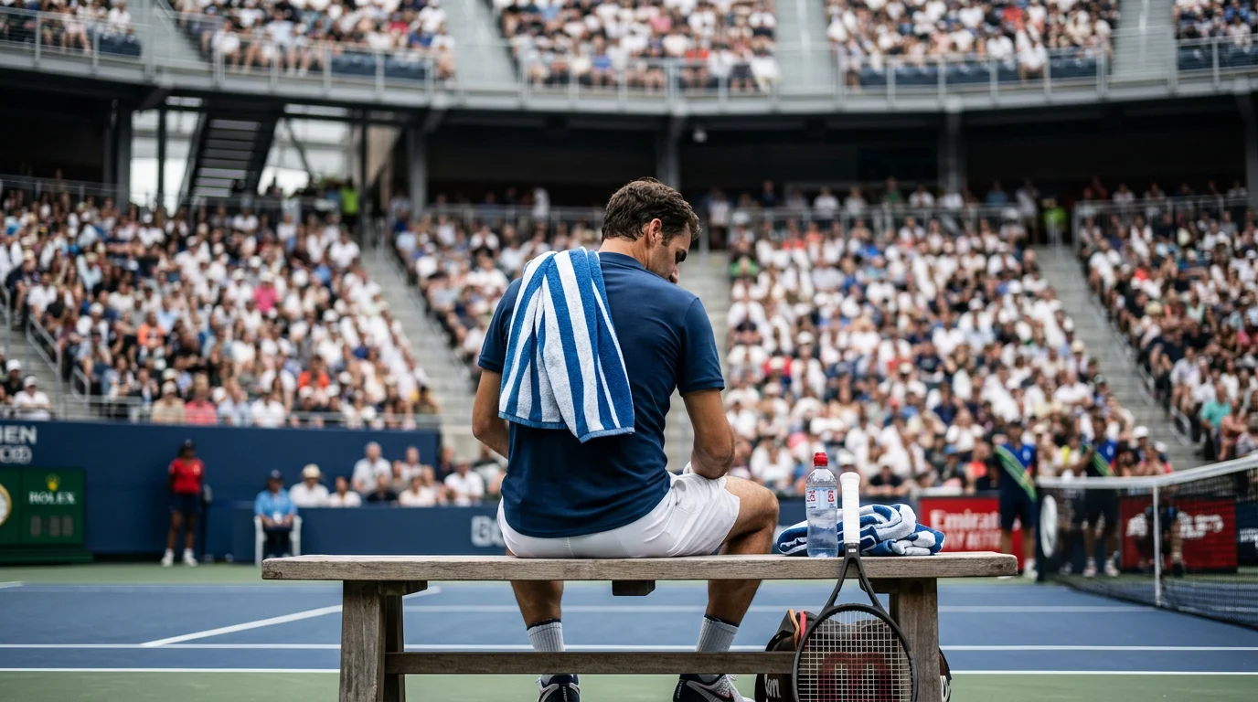 Tennisspieler sitzt auf der Bank beim Seitenwechsel auf einem Tennisplatz
