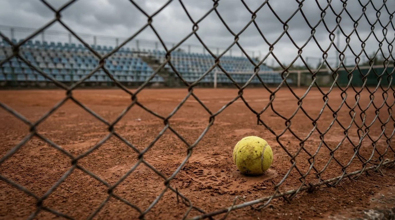 Tennisball hinter einem Zaun auf einem leeren Platz als Symbol für Match-Fixing im Tennis