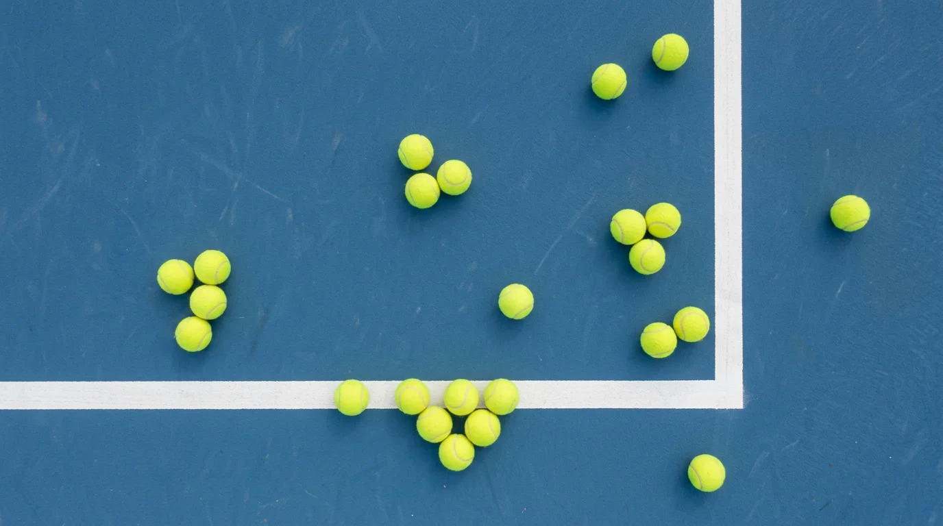 Mehrere Tennisbälle auf einem Hartplatz als Symbol für Over/Under-Wetten im Tennis