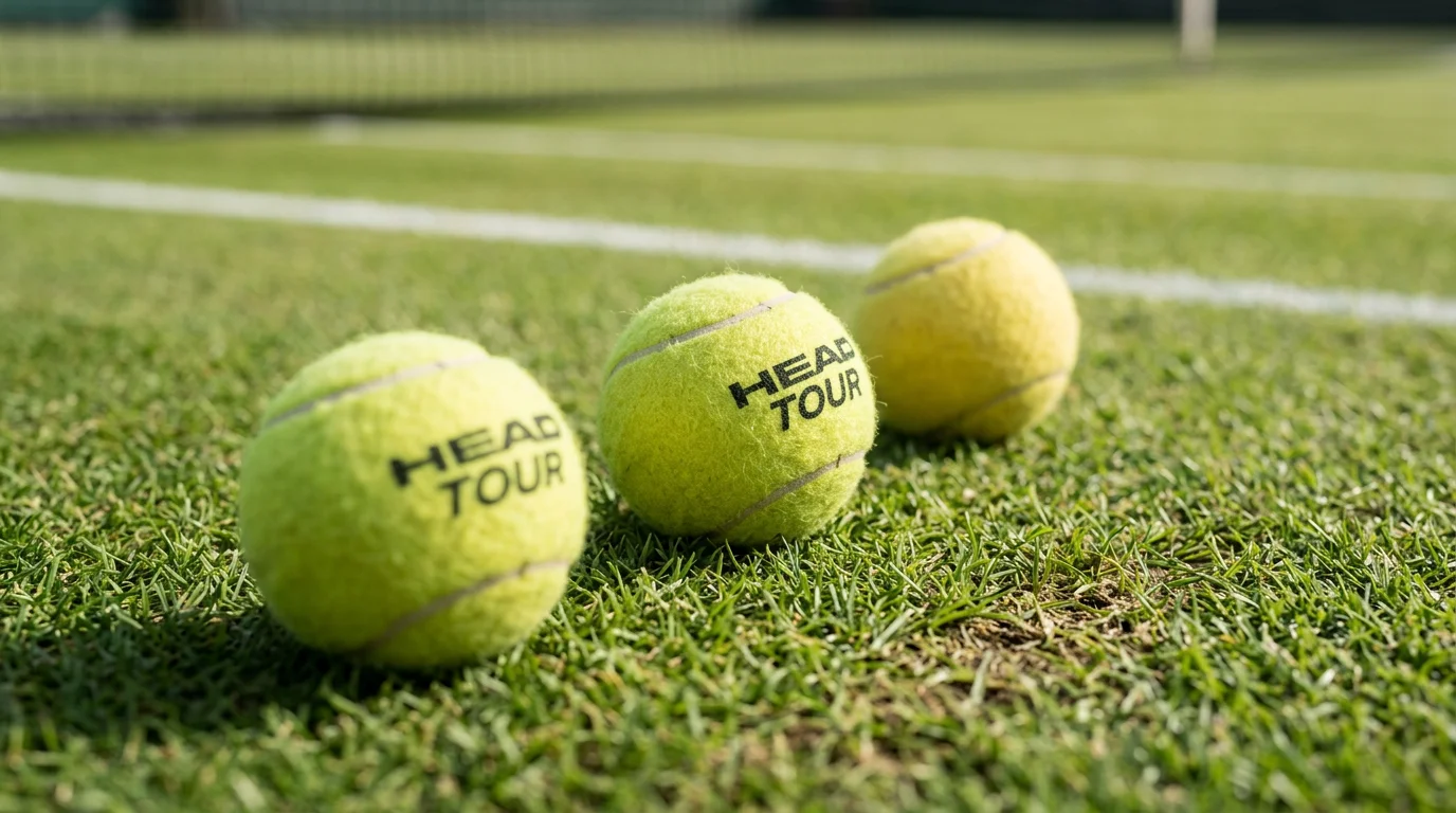 Tennisbälle auf einem Rasenplatz mit scharfem Fokus und unscharfem Hintergrund