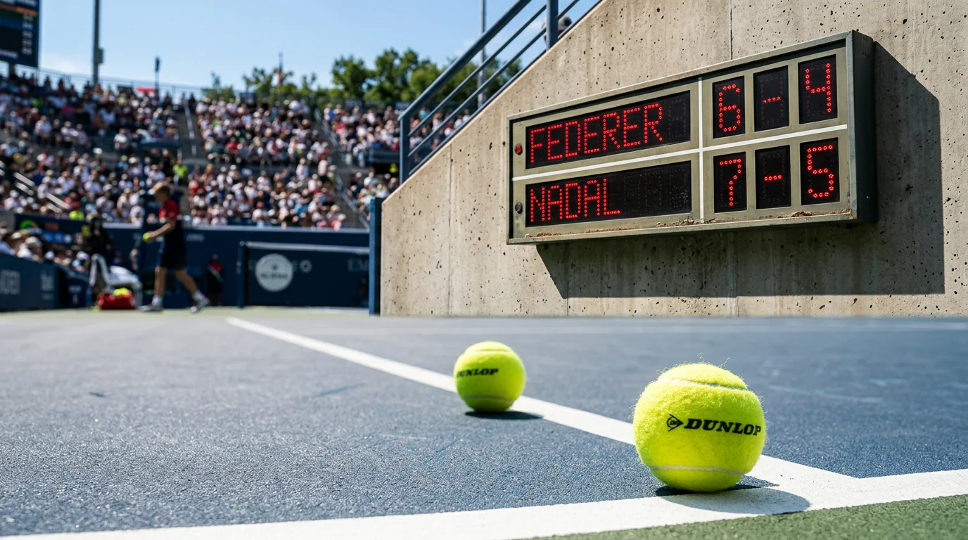 Tennisplatz-Anzeigetafel mit Satzergebnis und Tennisbällen