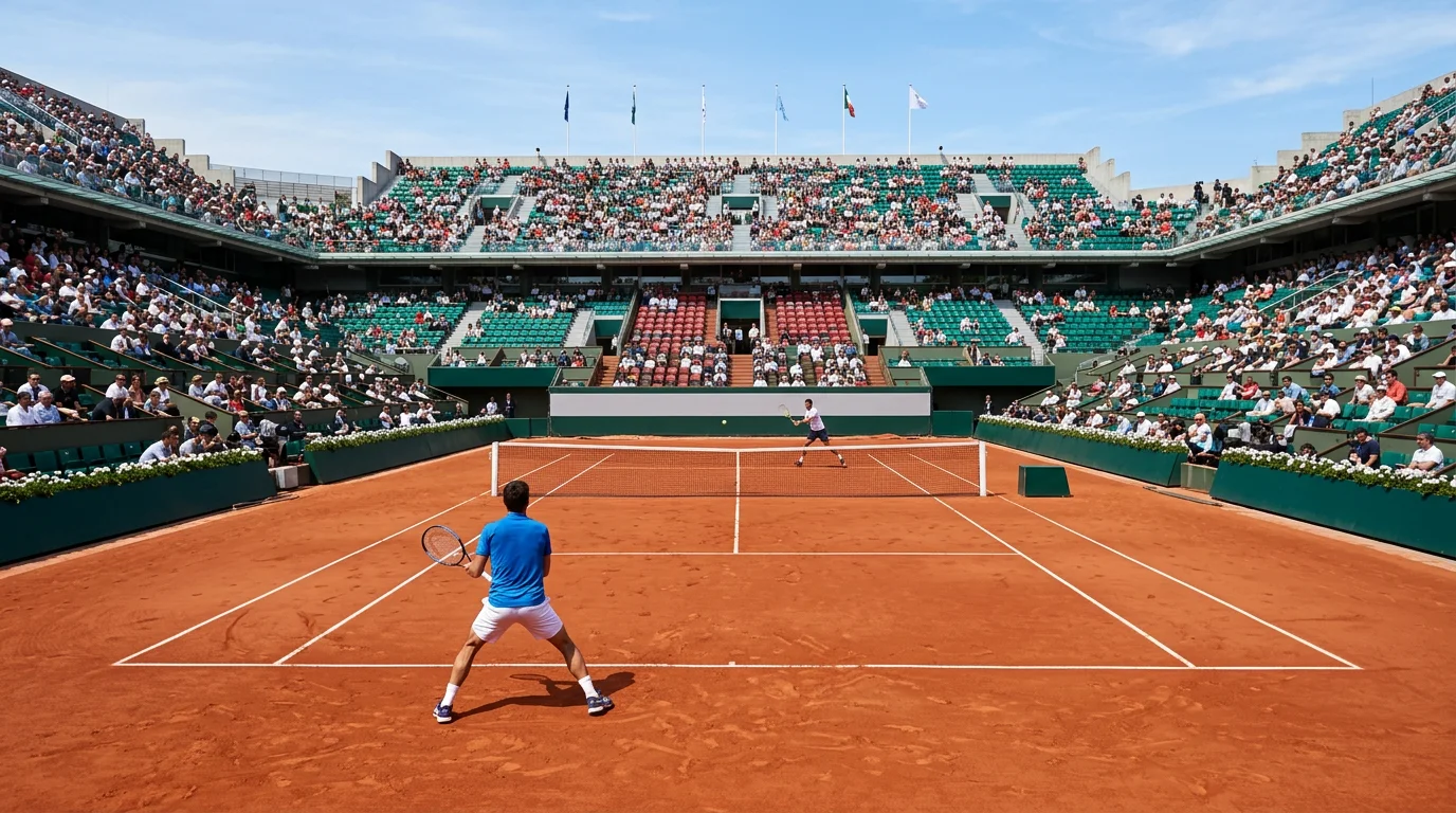 Tennisspieler auf einem Sandplatz während eines professionellen Matches