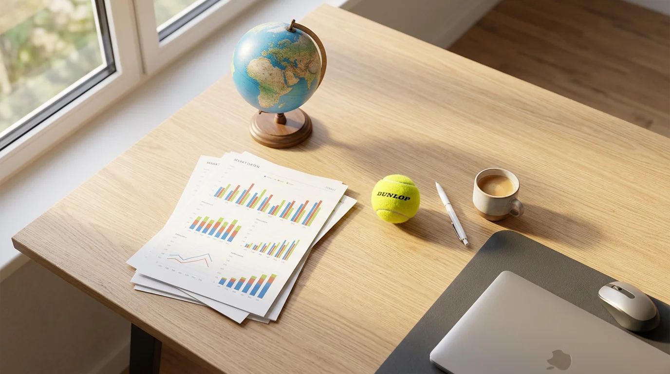 Globus und Diagramme auf einem Schreibtisch neben einem Tennisball als Symbol für Marktdaten