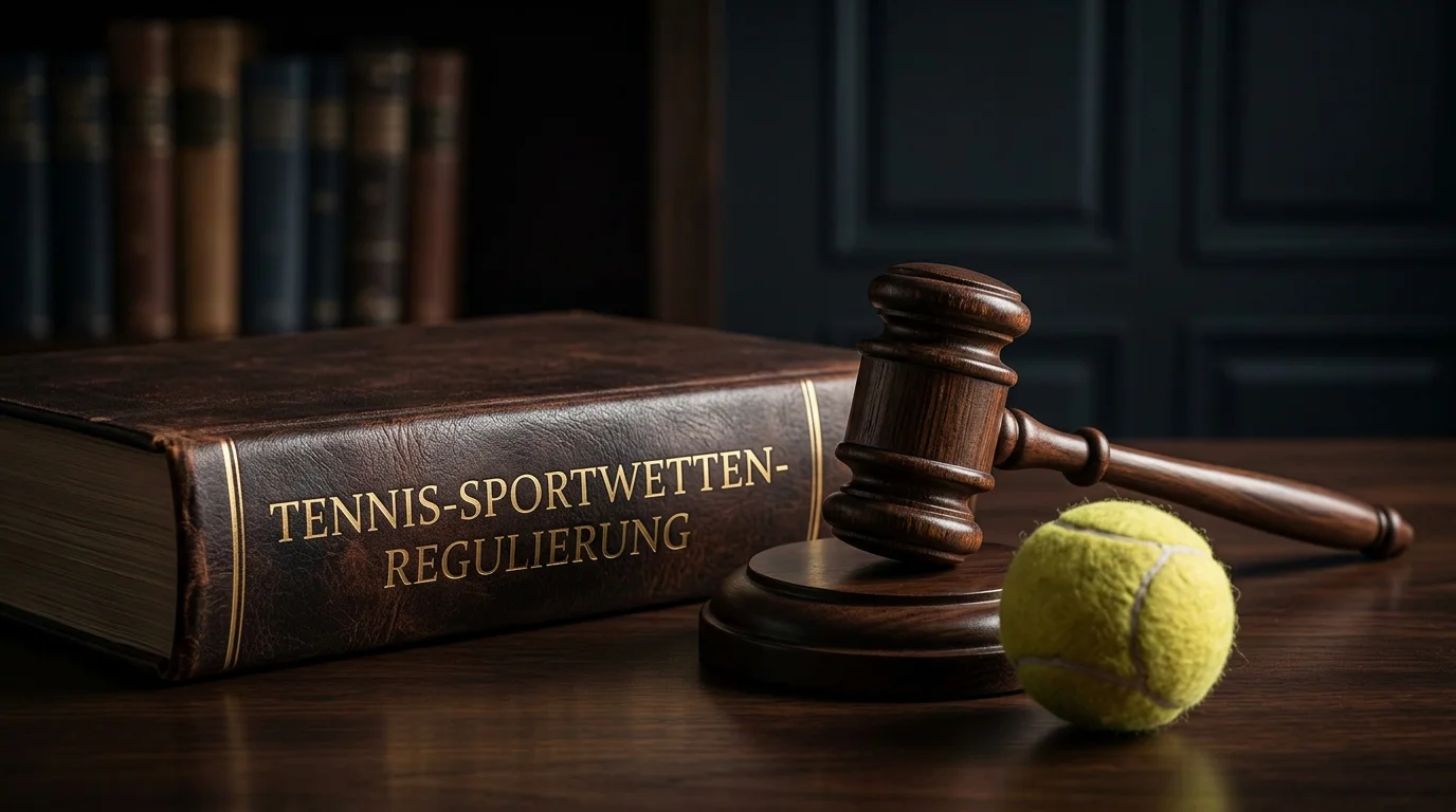 Gesetzbuch und Richterhammer neben einem Tennisball als Symbol für Sportwetten-Regulierung
