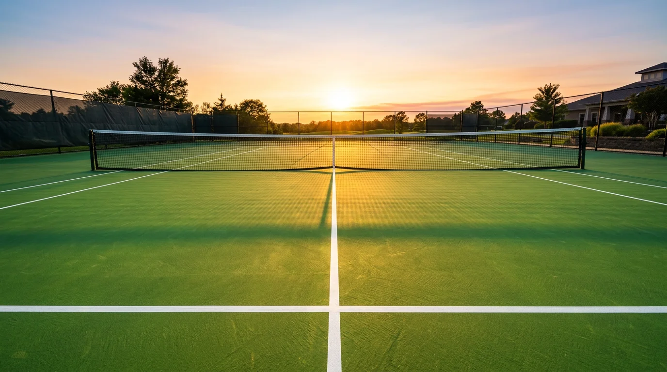 Leerer Tennisplatz mit Netz und Linienmarkierungen bei Sonnenuntergang
