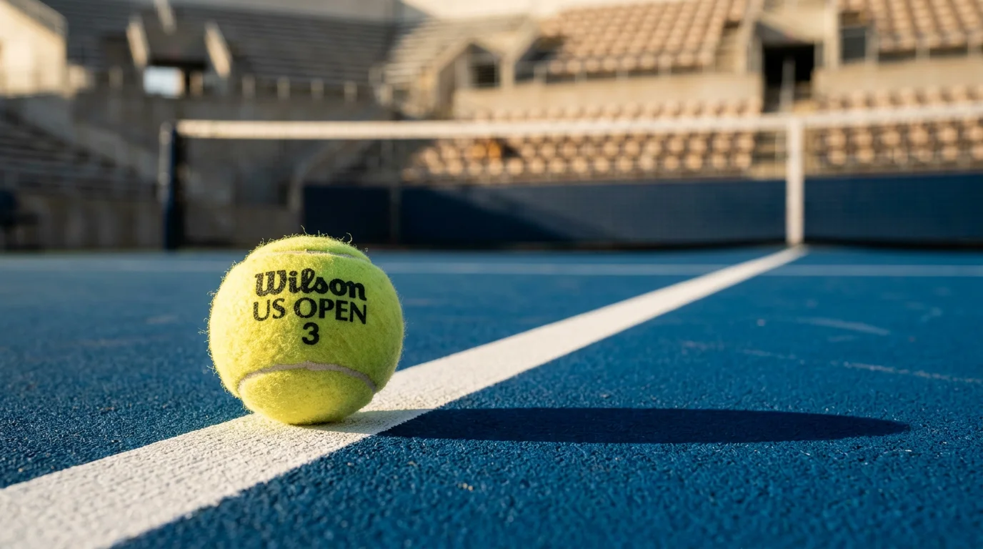 Tennisball auf einem Hartplatz neben einer Anzeigetafel mit Spielstand und Wettquoten