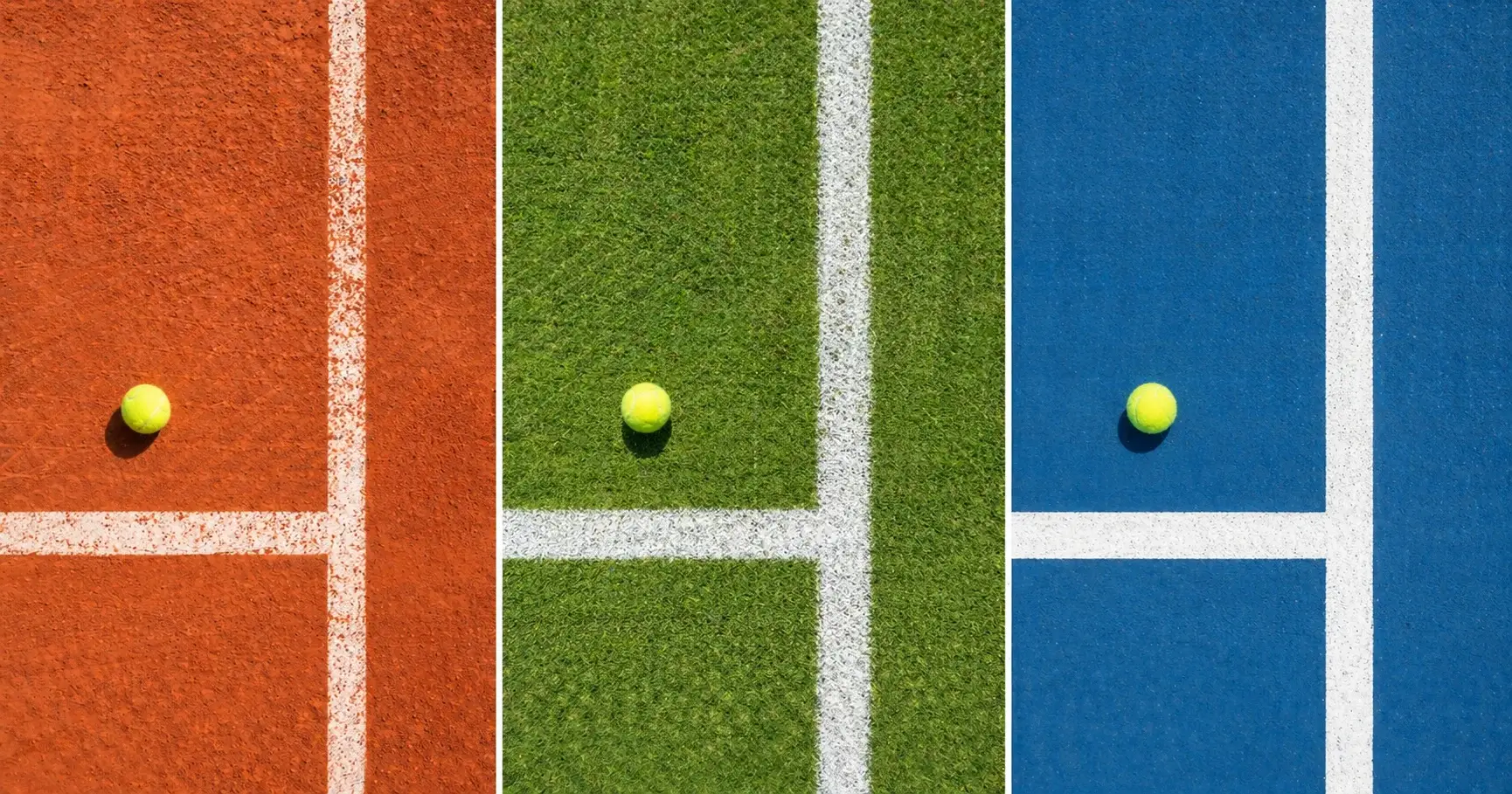 Drei Tennisbeläge nebeneinander - Sandplatz, Rasen und Hartplatz mit Tennisball
