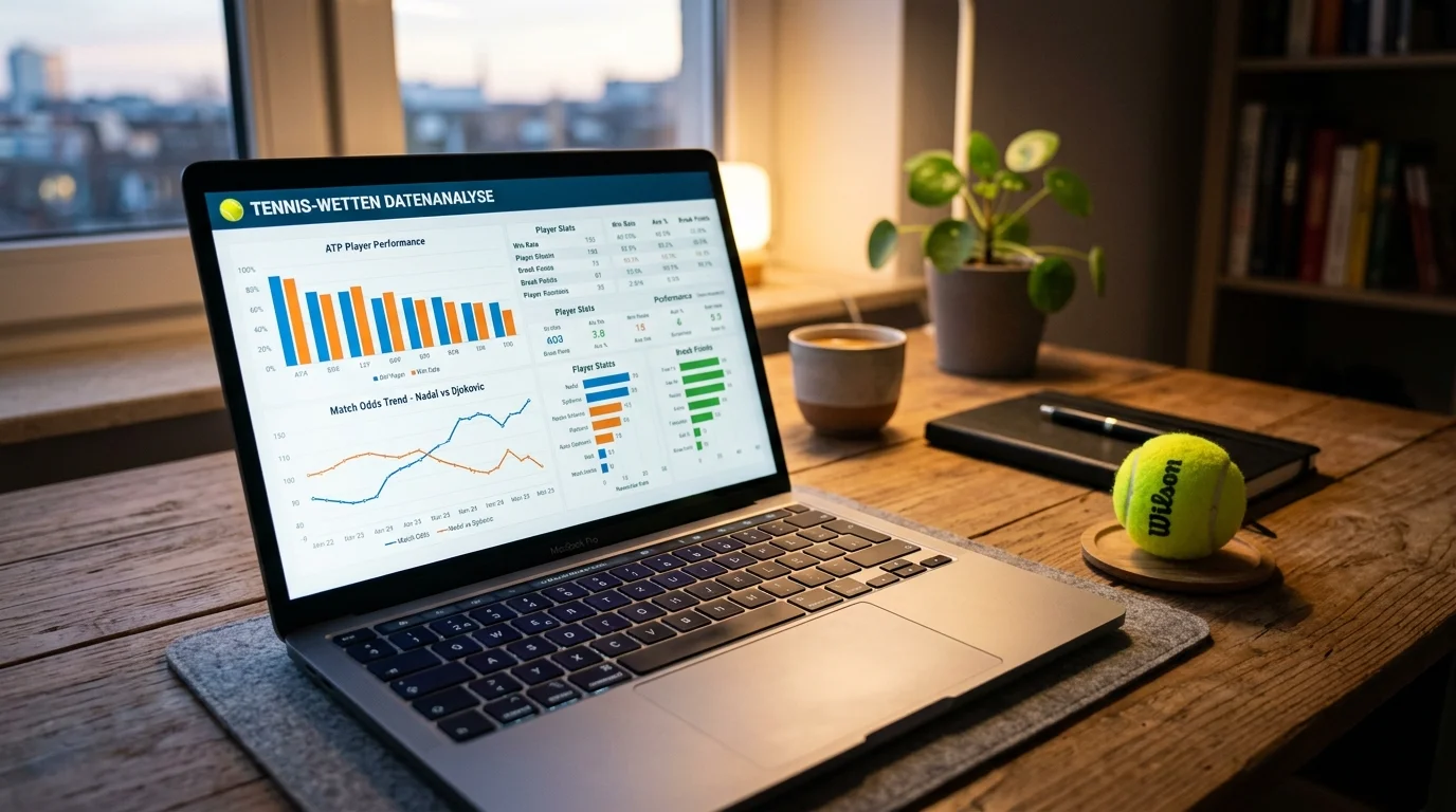Laptop mit Tennisstatistiken auf dem Bildschirm neben einem Tennisball