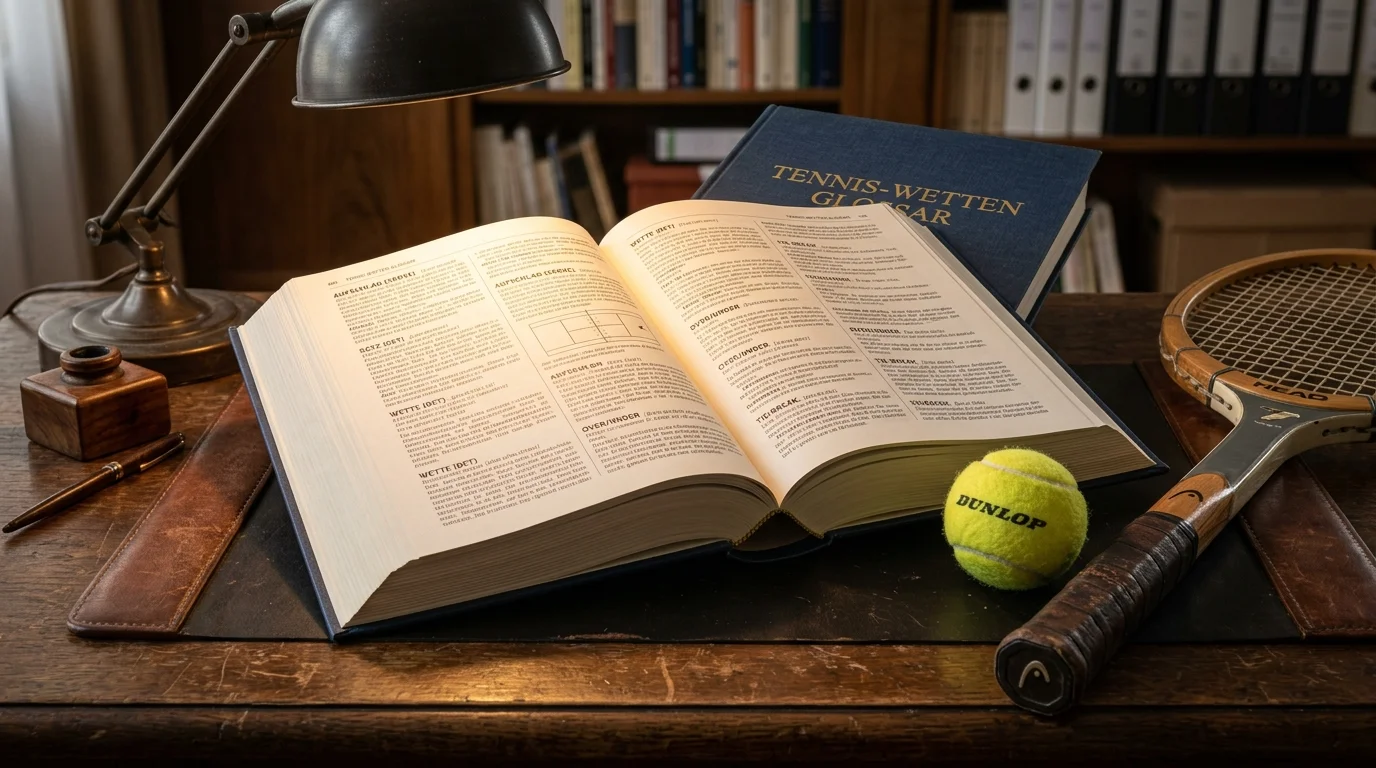 Aufgeschlagenes Wörterbuch neben einem Tennisball und Schläger