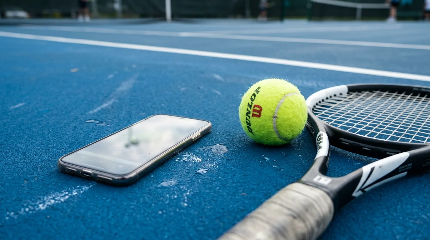 Smartphone auf einem Tennisplatz neben einem Tennisball und Schläger