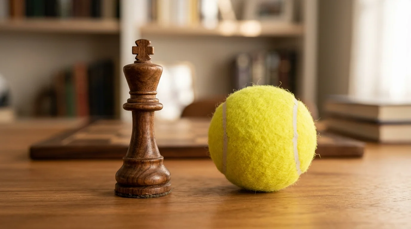 Schachfigur und Tennisball auf einem Schreibtisch als Symbol für kognitive Verzerrungen