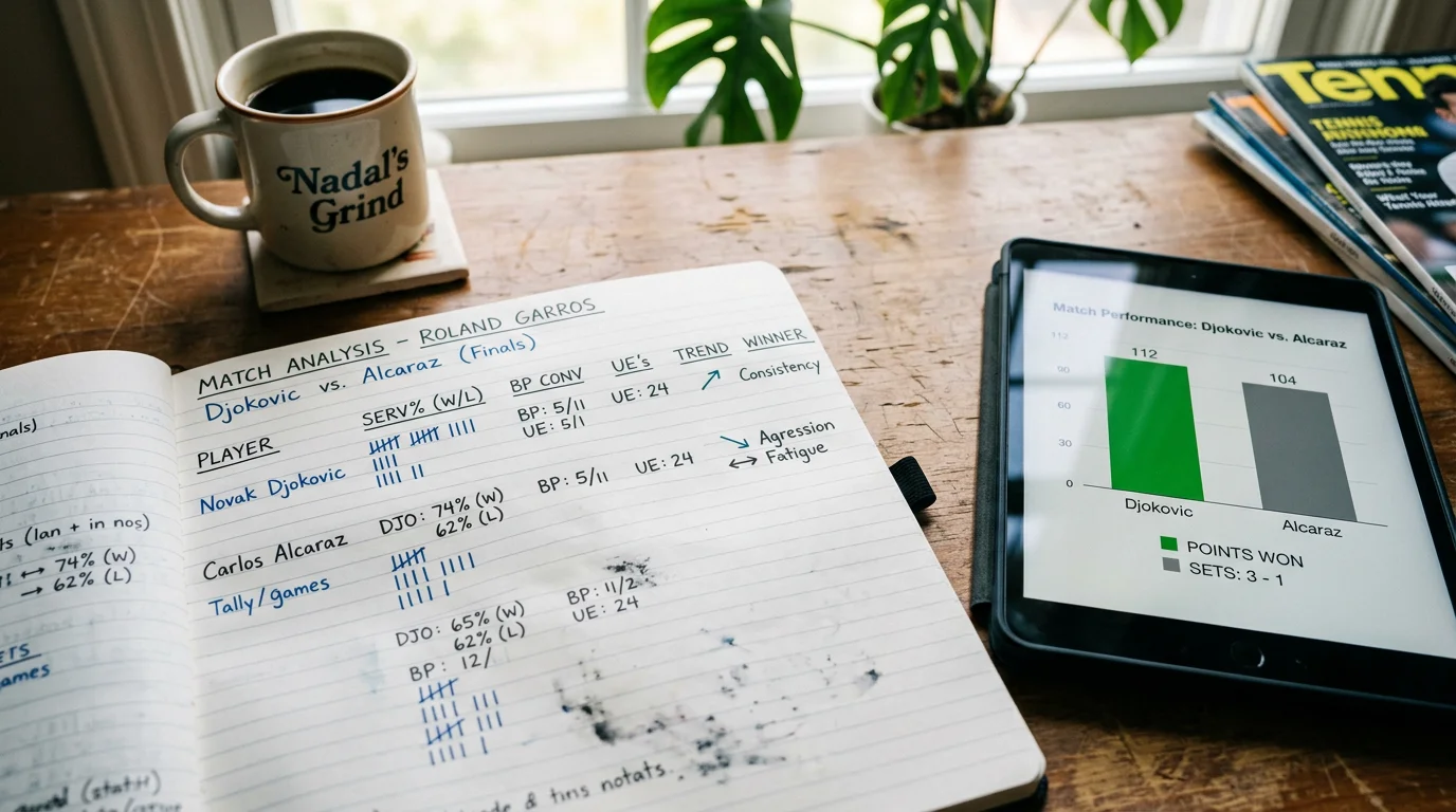 Notizbuch mit handschriftlicher Tennis-Wettanalyse neben einem Tablet mit Spielerstatistiken