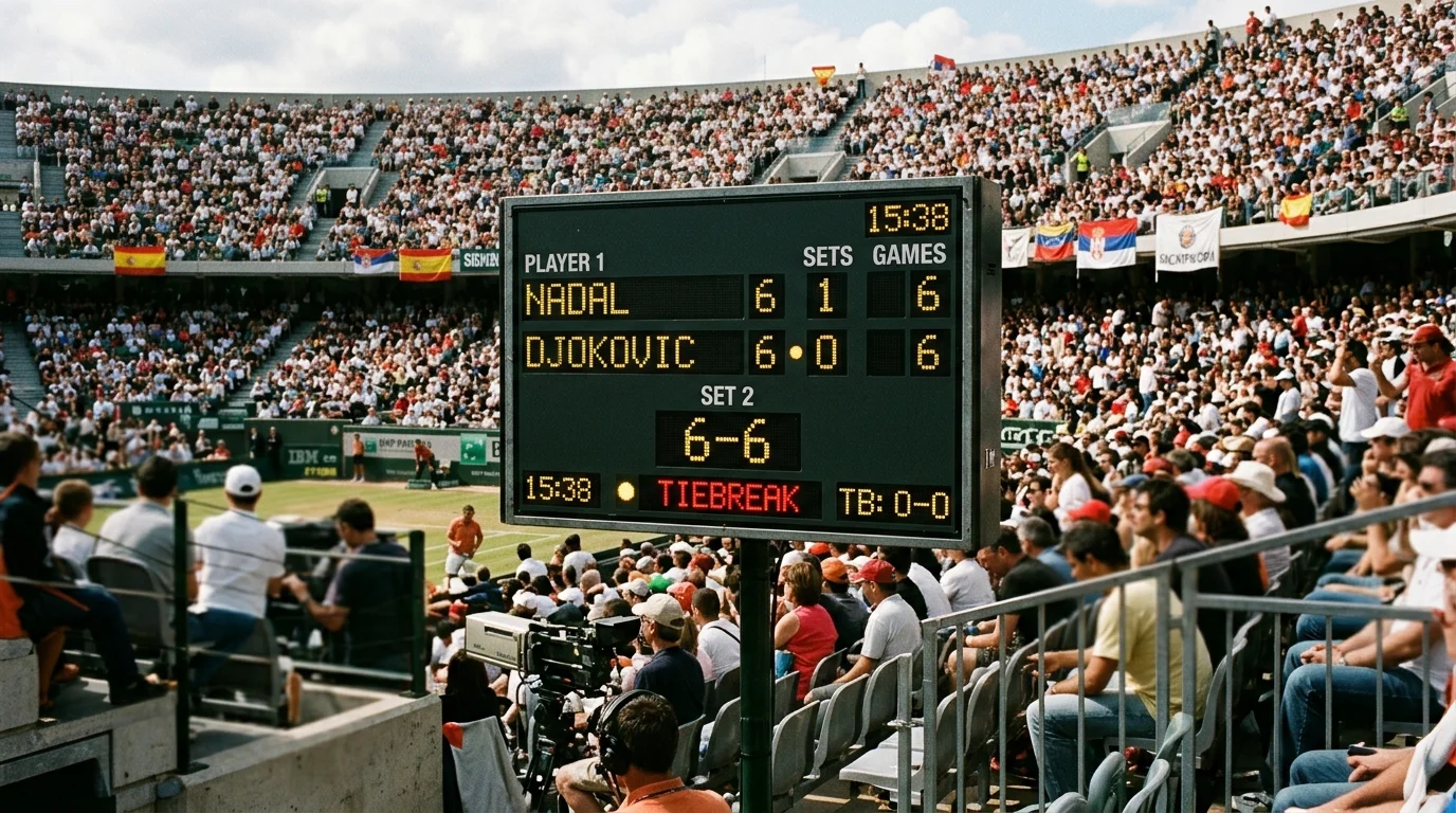 Tennisplatz-Anzeigetafel mit Tiebreak-Spielstand 6-6