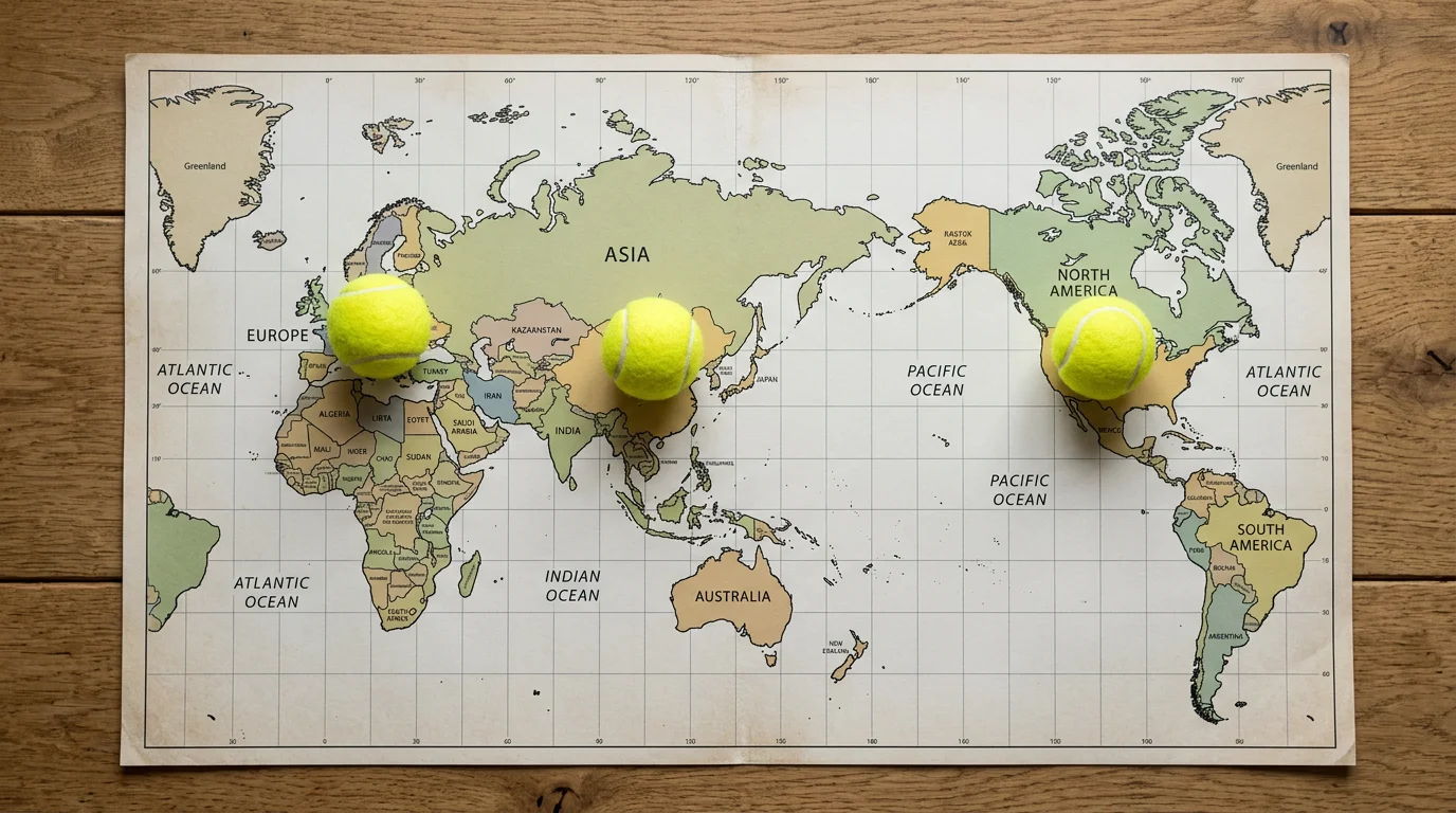 Weltkarte mit Tennisbällen auf verschiedenen Kontinenten als Symbol für regionale Wettmärkte