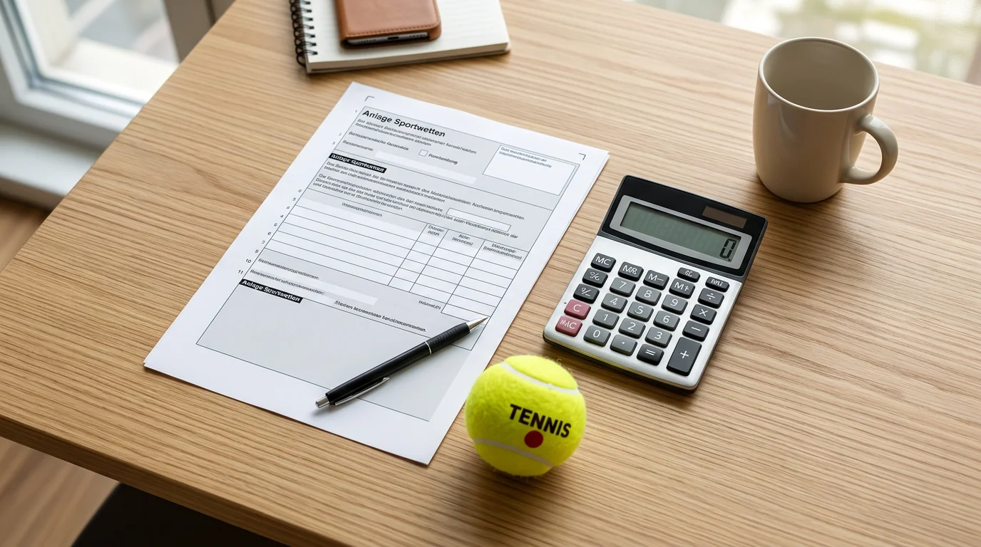 Steuerformular und Taschenrechner neben einem Tennisball auf einem Schreibtisch