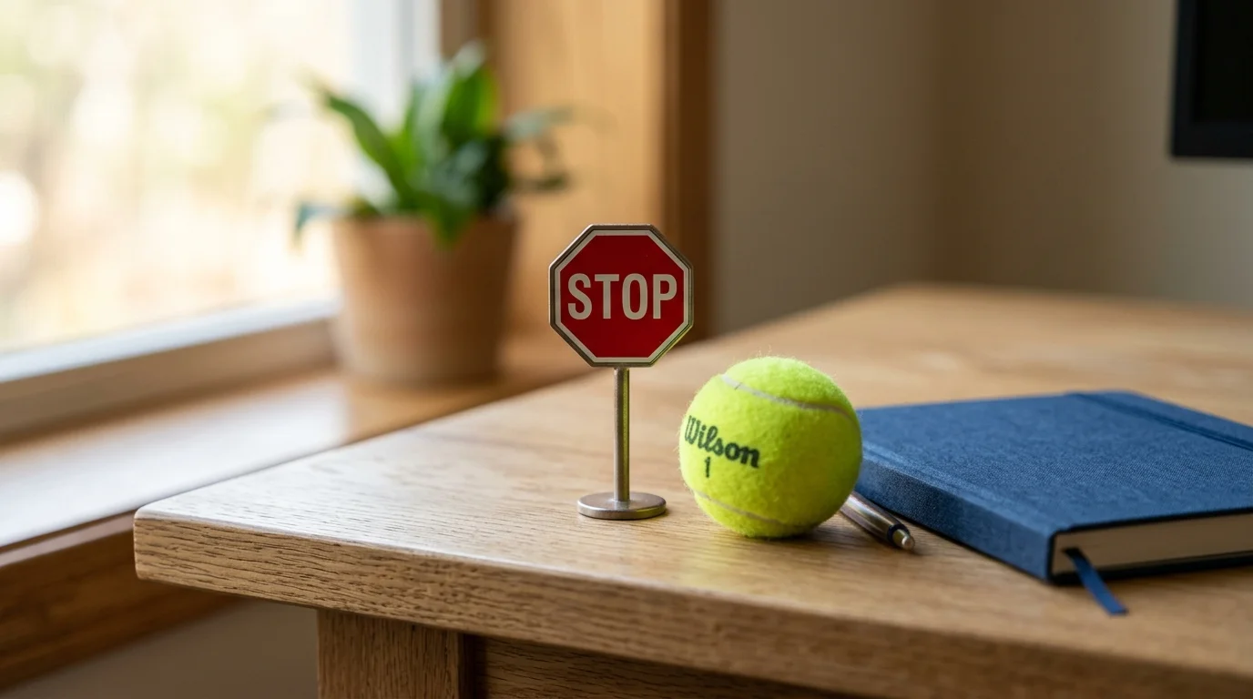 Stoppschild-Symbol und Tennisball als Zeichen für verantwortungsvolles Wetten